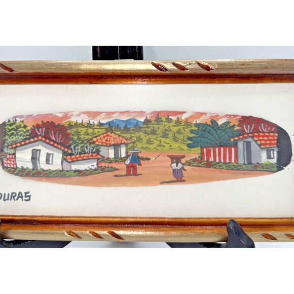 Handpainted & Framed Feather Art Honduras Village Scene Wall Hanger 10.75" X 5" - Picture 3 of 10